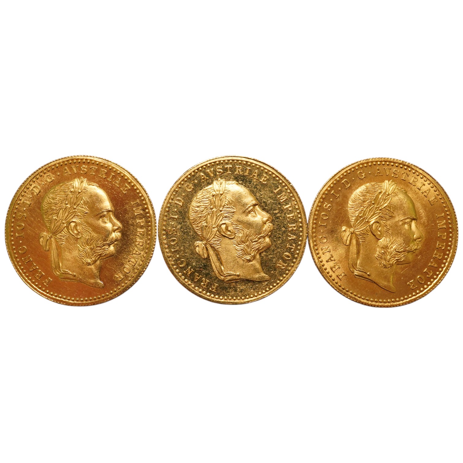 Austrian Empire gold coins, Francis Joseph I, three individual gold 1 ducat, each a 1915 re-strike (3)